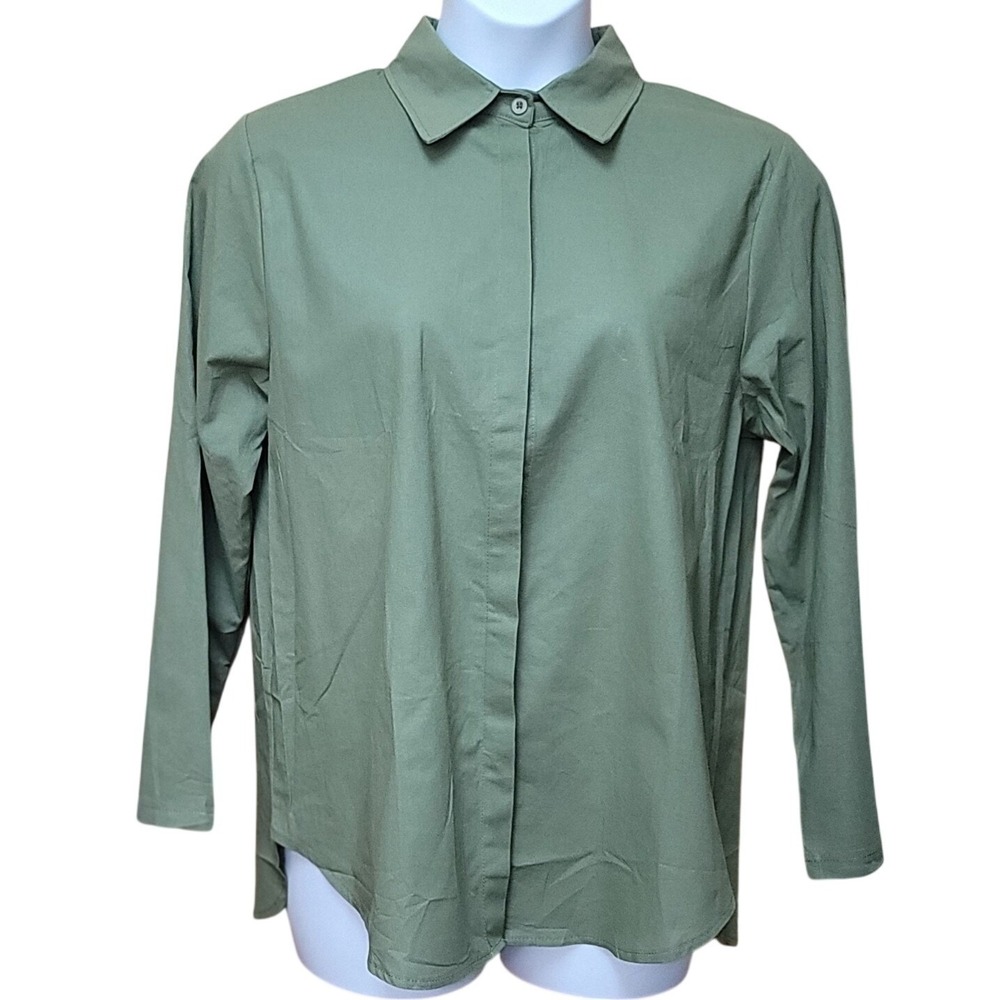 Chic 100% Cotton 2Pc Button-Up Shirt‎ Elastic Waist Pants Sage Boho Resort 2XL - Picture 5 of 10
